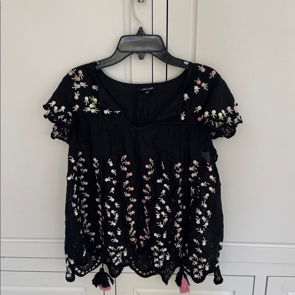 Love Sam Black Top with Pink and White Embroidery